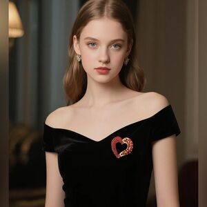 Elegant Heart Brooch Red Crystalline Rhinestone